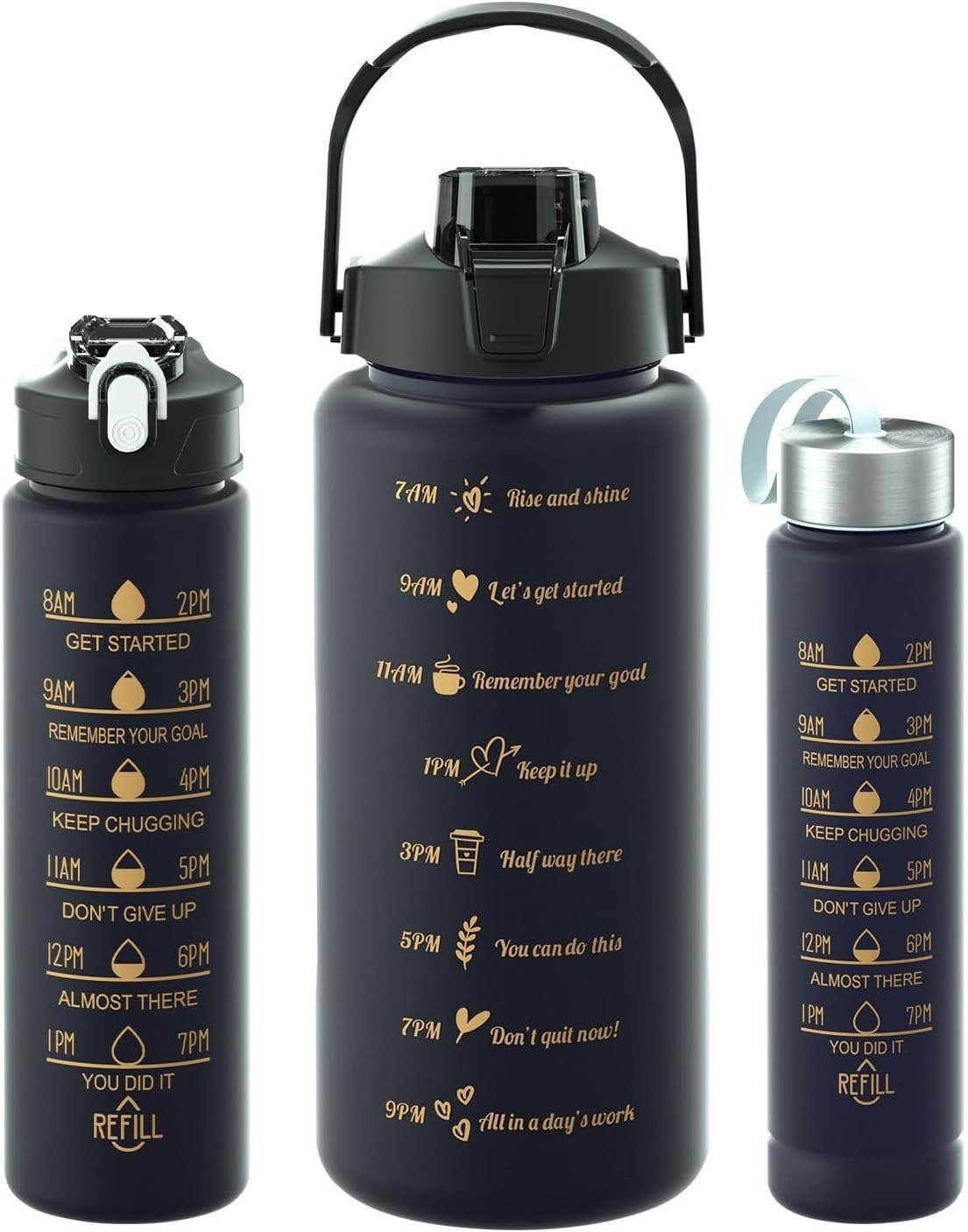 3pcs Sport Water Bottles With Time Marking Motivational Water Bottles 2L+900ml+500ml, Leak Proof Gym Drinking Bottle BPA Free Water Bottle With Straw For Women Men (Black)