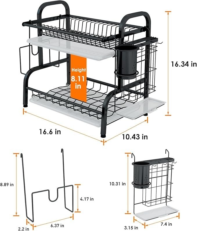 2-Tier Stainless Steel Dish Drying Rack, Space-Saving Kitchen Organizer for Over Counter, with Removable Drain Tray & Cutlery Holder & Utensil Holder, Black - Image 3
