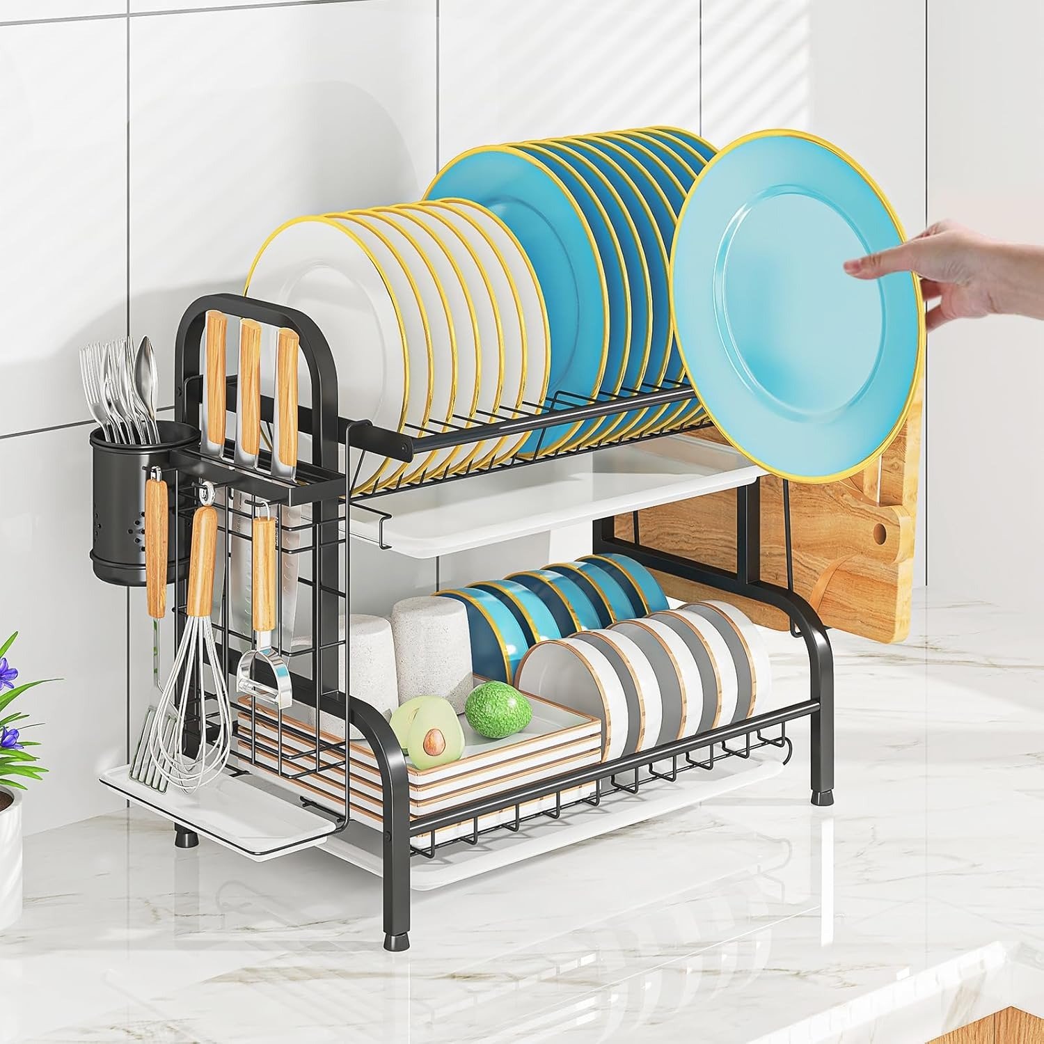 2-Tier Stainless Steel Dish Drying Rack, Space-Saving Kitchen Organizer for Over Counter, with Removable Drain Tray & Cutlery Holder & Utensil Holder, Black - Image 2