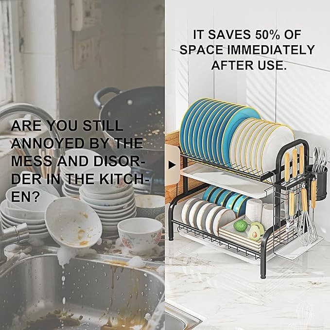 2-Tier Stainless Steel Dish Drying Rack, Space-Saving Kitchen Organizer for Over Counter, with Removable Drain Tray & Cutlery Holder & Utensil Holder, Black - Image 6