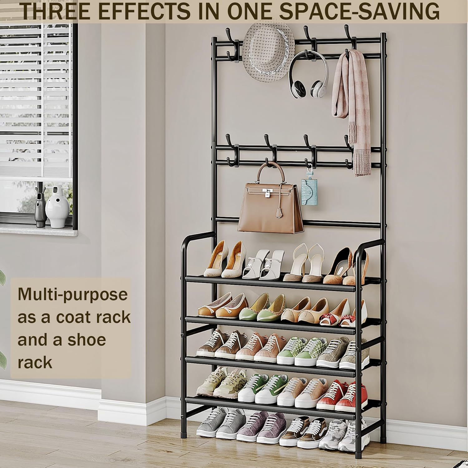 Coat Rack Shoe Rack With Storage Shelf Freestanding with 8 Hooks for Entryway Bedroom Closet 4 Tier, Black - Image 6