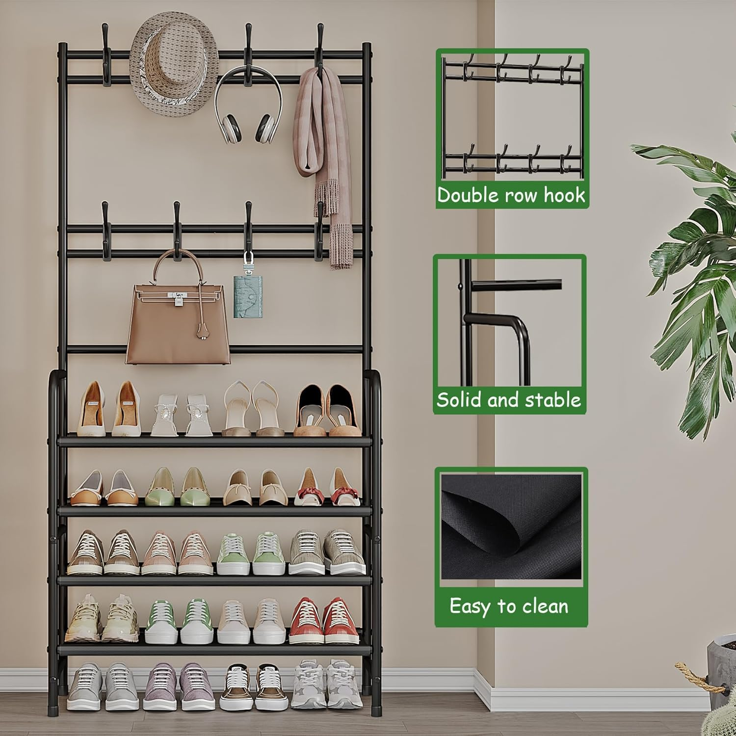 Coat Rack Shoe Rack With Storage Shelf Freestanding with 8 Hooks for Entryway Bedroom Closet 4 Tier, Black - Image 5