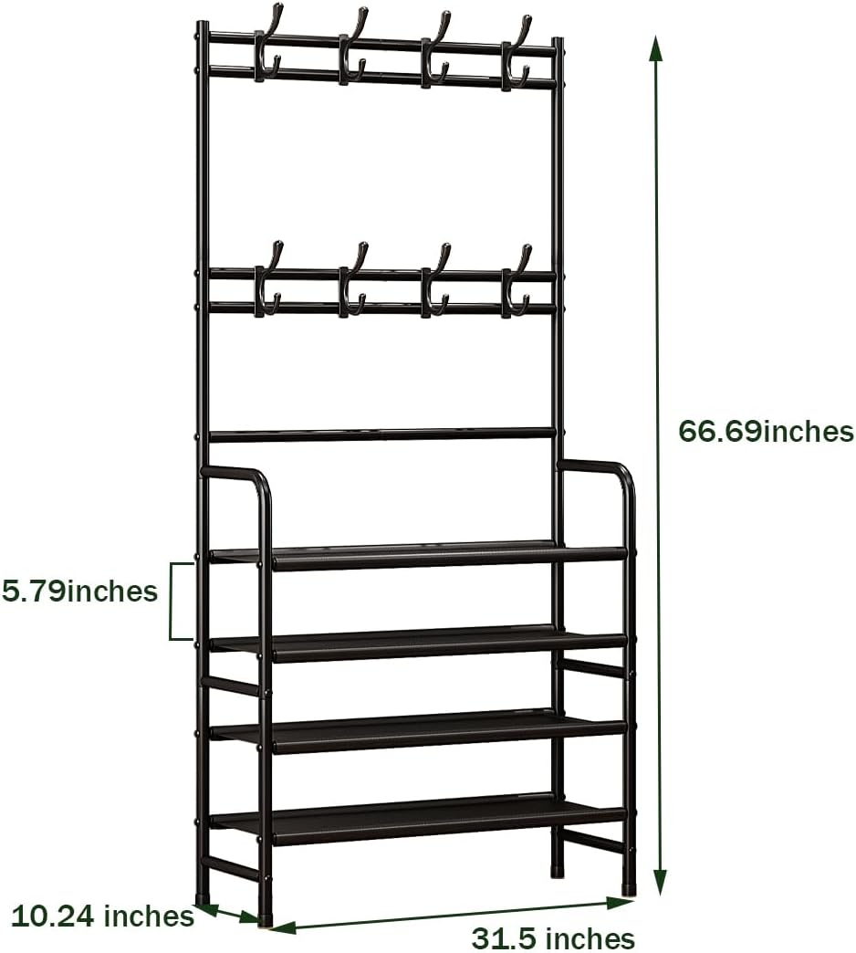 Coat Rack Shoe Rack With Storage Shelf Freestanding with 8 Hooks for Entryway Bedroom Closet 4 Tier, Black - Image 4