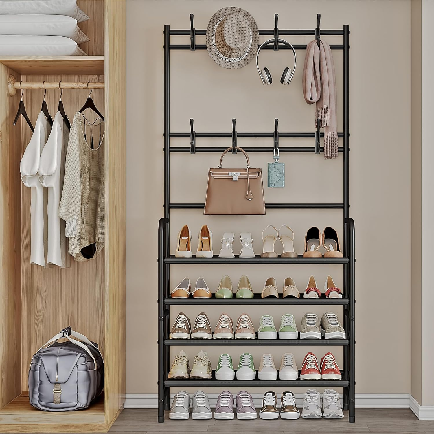 Coat Rack Shoe Rack With Storage Shelf Freestanding with 8 Hooks for Entryway Bedroom Closet 4 Tier, Black - Image 3